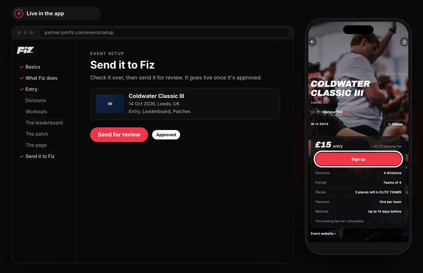 Setting up an event in your dashboard, then the event page in the app. Example event.