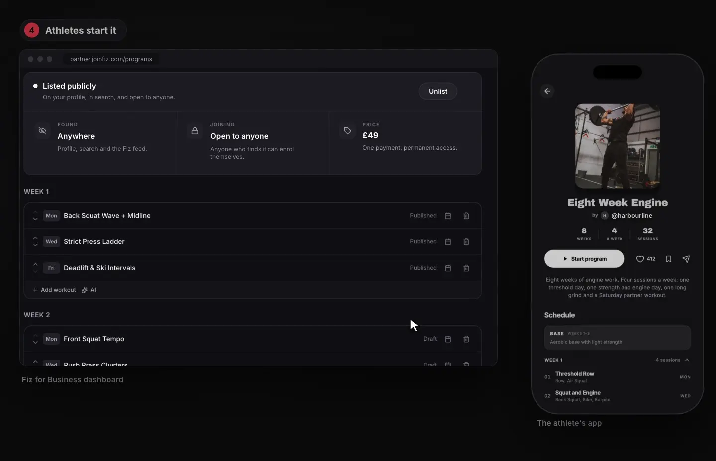 Describe a block, generate the weeks, set a price, and athletes start it in the app. Example program.